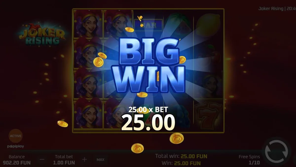 Tampilan layar permainan slot Joker Rising dengan simbol buah-buahan neon dan Joker wanita yang bersinar.