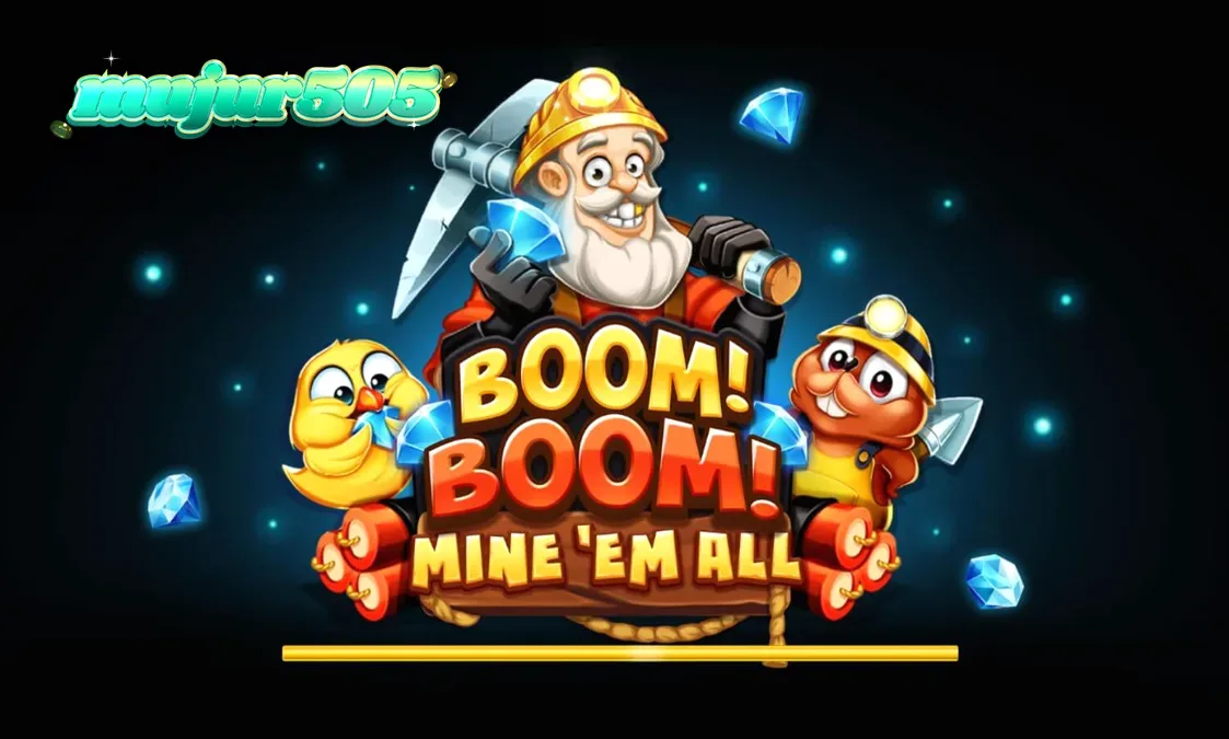 Tampilan visual slot Boom! Boom! Mine ‘Em All dengan tema tambang yang eksplosif